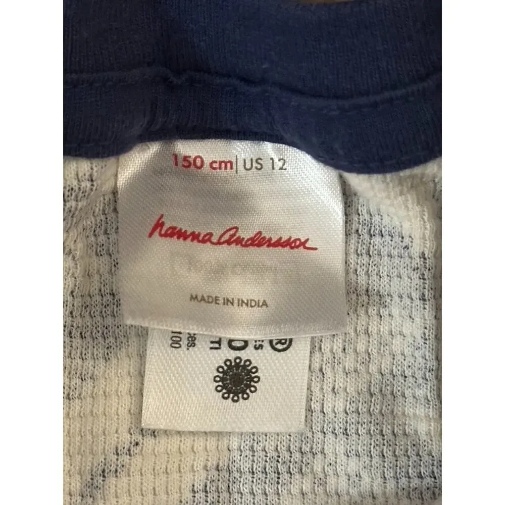 Hanna Andersson Navy Blue & White Snowflake Print Thermal Henley Shirt Sz 12